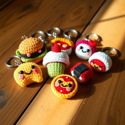 A collection of cute and colorful crochet food keychains, featuring an assortment of delightful miniature foods such as a smiling burger, a cheerful slice of pizza, a vibrant cupcake, and a tiny sushi roll