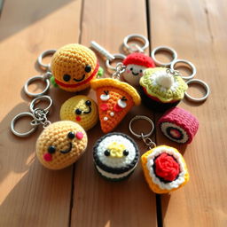 A collection of cute and colorful crochet food keychains, featuring an assortment of delightful miniature foods such as a smiling burger, a cheerful slice of pizza, a vibrant cupcake, and a tiny sushi roll