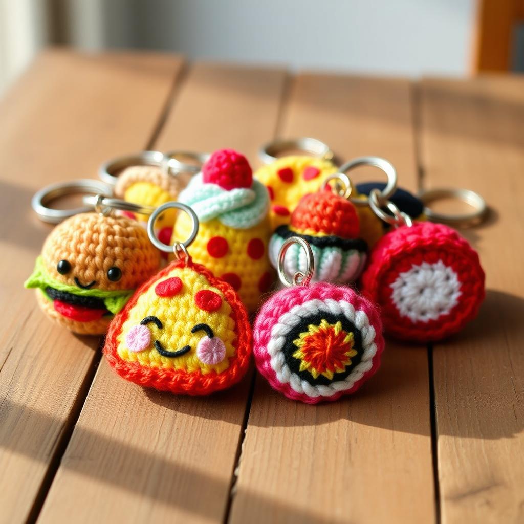 A collection of cute and colorful crochet food keychains, featuring an assortment of delightful miniature foods such as a smiling burger, a cheerful slice of pizza, a vibrant cupcake, and a tiny sushi roll
