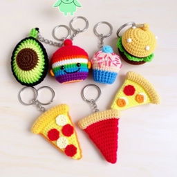 A colorful assortment of crochet food keychains arranged artfully on a light wooden background