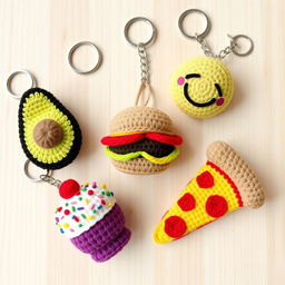 A colorful assortment of crochet food keychains arranged artfully on a light wooden background