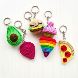 A colorful assortment of crochet food keychains arranged artfully on a light wooden background