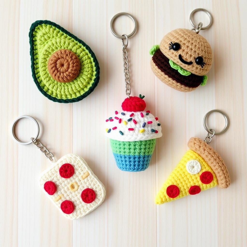 A colorful assortment of crochet food keychains arranged artfully on a light wooden background