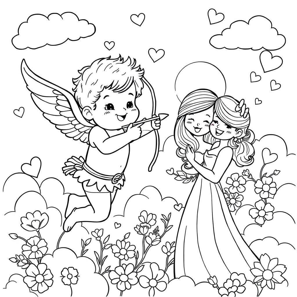 A whimsical and detailed coloring page featuring Cupid, the Roman god of love, aiming his bow and arrow at an affectionate couple