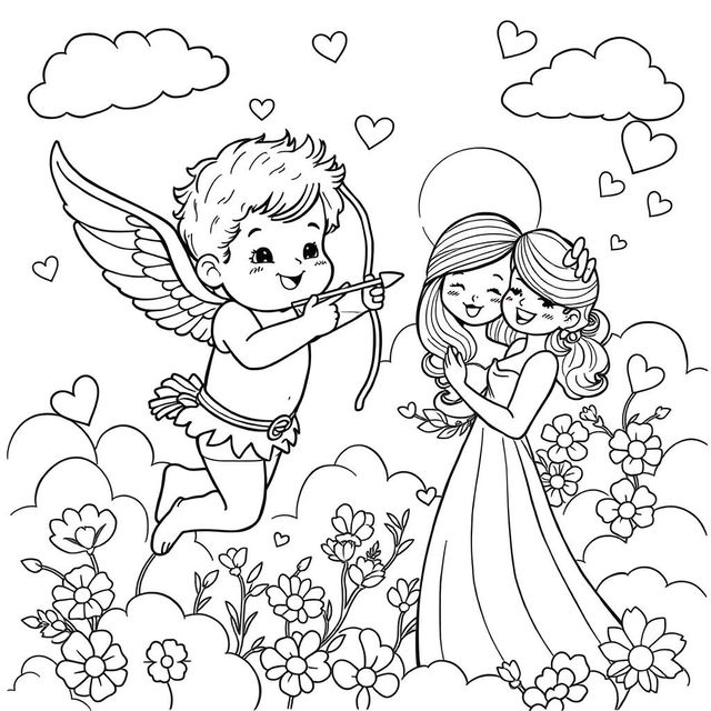 A whimsical and detailed coloring page featuring Cupid, the Roman god of love, aiming his bow and arrow at an affectionate couple