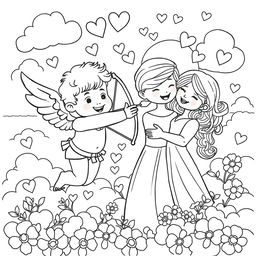 A whimsical and detailed coloring page featuring Cupid, the Roman god of love, aiming his bow and arrow at an affectionate couple
