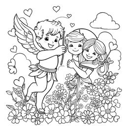 A whimsical and detailed coloring page featuring Cupid, the Roman god of love, aiming his bow and arrow at an affectionate couple