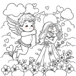 A whimsical and detailed coloring page featuring Cupid, the Roman god of love, aiming his bow and arrow at an affectionate couple
