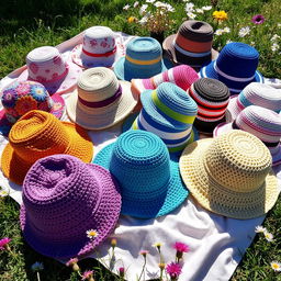 A vibrant display of various crochet bucket hats in a sunny outdoor setting, showcasing a diverse range of colors and patterns including floral designs, stripes, and solid colors