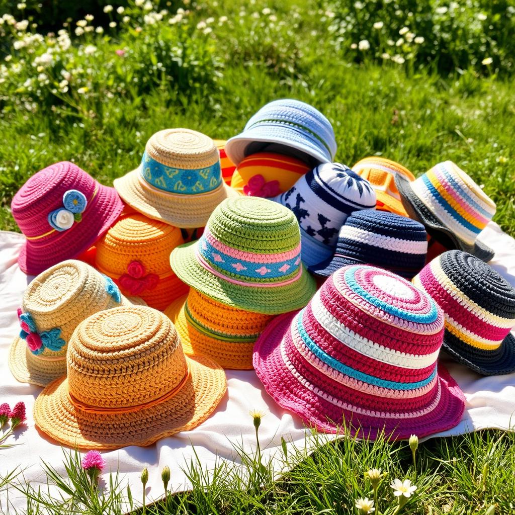 A vibrant display of various crochet bucket hats in a sunny outdoor setting, showcasing a diverse range of colors and patterns including floral designs, stripes, and solid colors