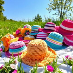 A vibrant display of various crochet bucket hats in a sunny outdoor setting, showcasing a diverse range of colors and patterns including floral designs, stripes, and solid colors