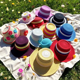 A vibrant display of various crochet bucket hats in a sunny outdoor setting, showcasing a diverse range of colors and patterns including floral designs, stripes, and solid colors
