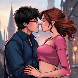 A romantic scene of Harry Potter and Hermione Granger sharing a sweet kiss