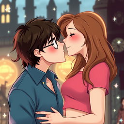 A romantic scene of Harry Potter and Hermione Granger sharing a sweet kiss