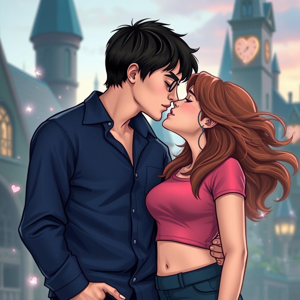 A romantic scene of Harry Potter and Hermione Granger sharing a sweet kiss