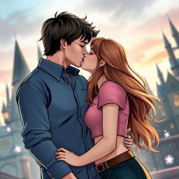A romantic scene of Harry Potter and Hermione Granger sharing a sweet kiss