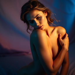 A beautifully lit scene featuring a nude woman with an elegant and artistic pose, creating an atmosphere of sensuality and artistic expression