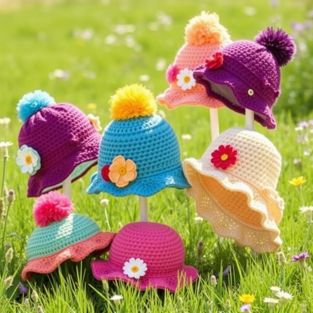 A collection of stylish crochet bucket hats displayed artistically