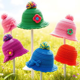 A collection of stylish crochet bucket hats displayed artistically