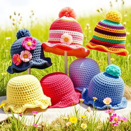 A collection of stylish crochet bucket hats displayed artistically