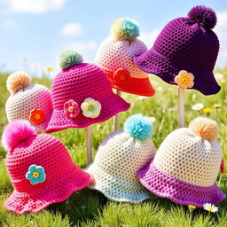 A collection of stylish crochet bucket hats displayed artistically