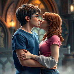 Harry Potter and Hermione Granger sharing a romantic kiss