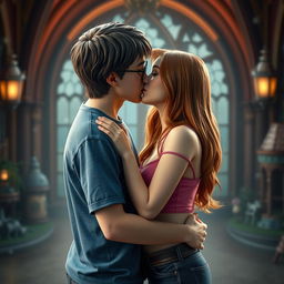 Harry Potter and Hermione Granger sharing a romantic kiss
