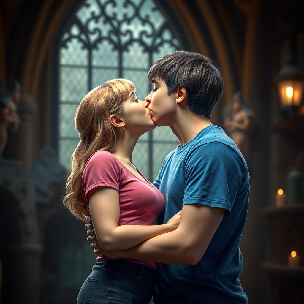 Harry Potter and Hermione Granger sharing a romantic kiss