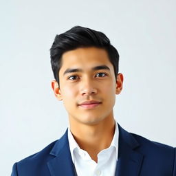 A clear and professional passport size photo featuring a young adult male with short dark hair, wearing a formal white shirt and a navy blue blazer