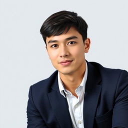 A clear and professional passport size photo featuring a young adult male with short dark hair, wearing a formal white shirt and a navy blue blazer