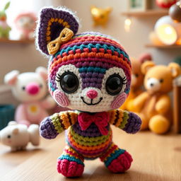 A beautifully crafted crocheted amigurumi character, featuring vibrant colors and intricate patterns