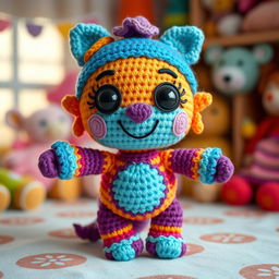 A beautifully crafted crocheted amigurumi character, featuring vibrant colors and intricate patterns