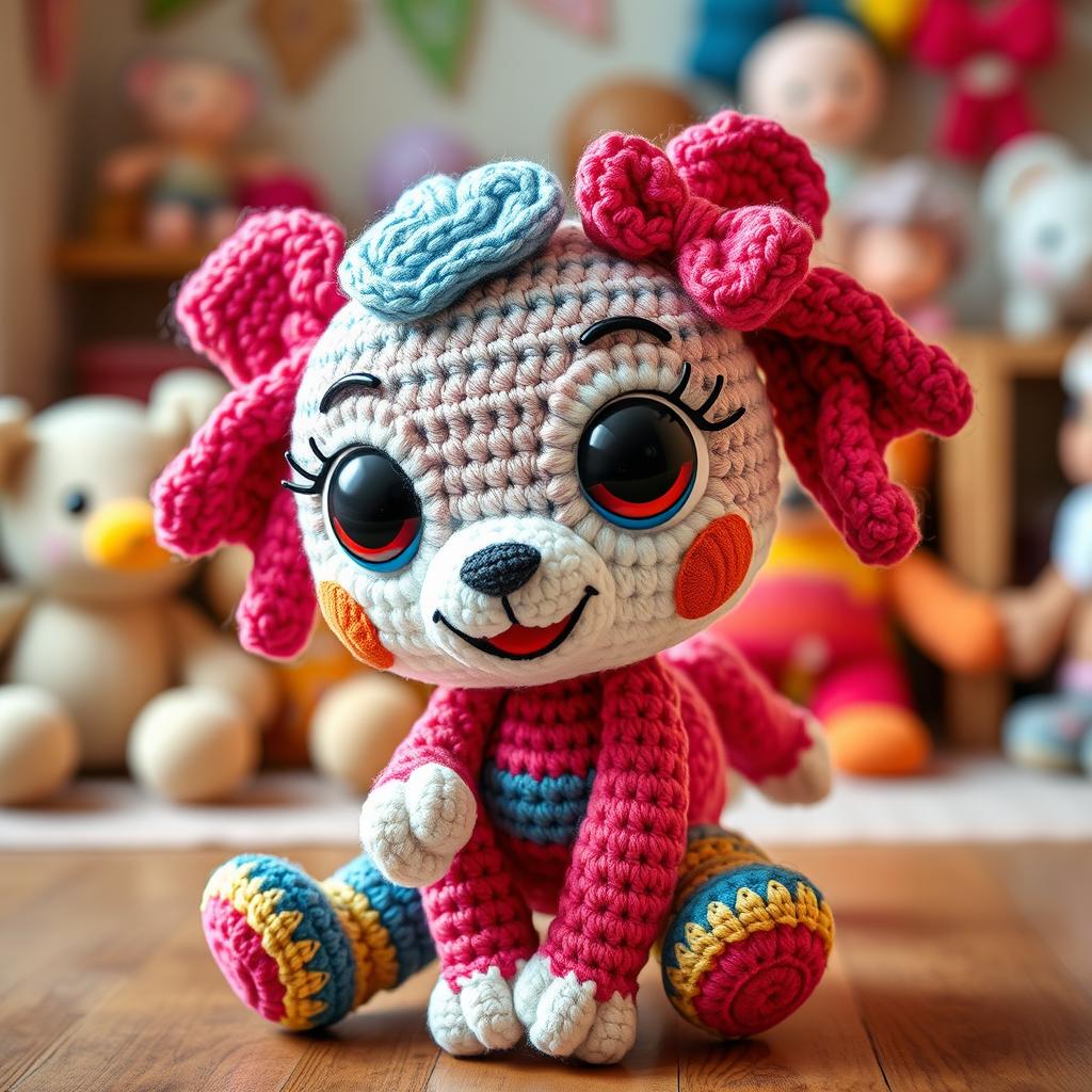 A beautifully crafted crocheted amigurumi character, featuring vibrant colors and intricate patterns