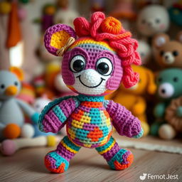 A beautifully crafted crocheted amigurumi character, featuring vibrant colors and intricate patterns