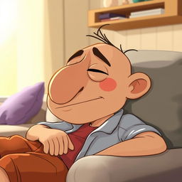 A cartoon character with a lazy expression, large nose, and a sleepy demeanor, depicted lounging comfortably