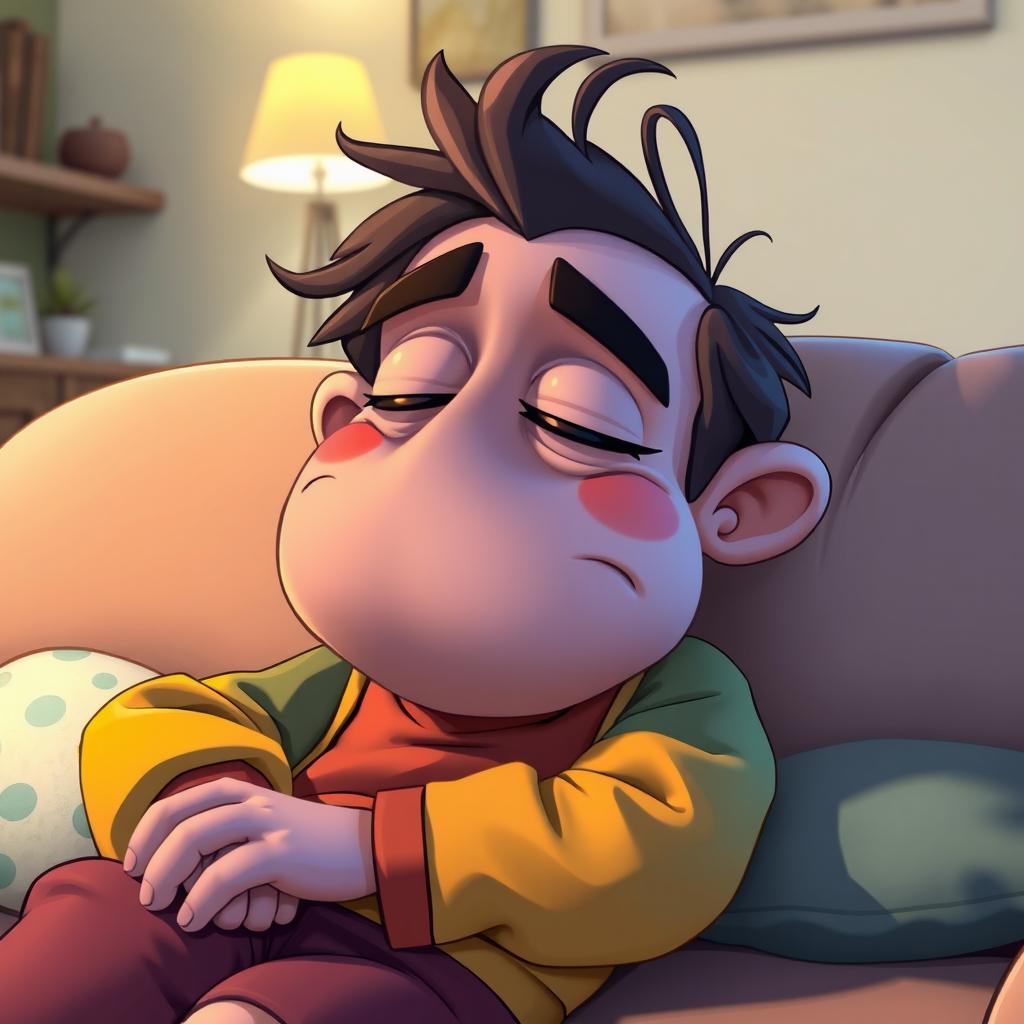 A cartoon character with a lazy expression, large nose, and a sleepy demeanor, depicted lounging comfortably
