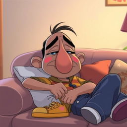 A cartoon character with a lazy expression, large nose, and a sleepy demeanor, depicted lounging comfortably