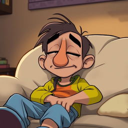 A cartoon character with a lazy expression, large nose, and a sleepy demeanor, depicted lounging comfortably
