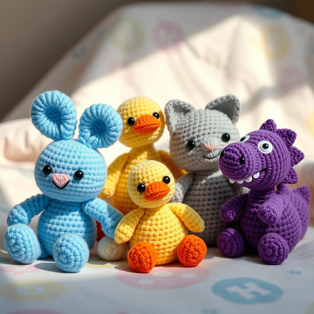A vibrant and playful scene featuring a variety of crocheted amigurumi animals and characters sitting together