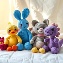 A vibrant and playful scene featuring a variety of crocheted amigurumi animals and characters sitting together