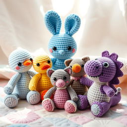 A vibrant and playful scene featuring a variety of crocheted amigurumi animals and characters sitting together