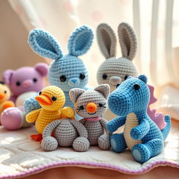 A vibrant and playful scene featuring a variety of crocheted amigurumi animals and characters sitting together