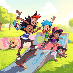 A vibrant and colorful cartoon skateboard scene depicting a group of energetic cartoon characters performing tricks on skateboards