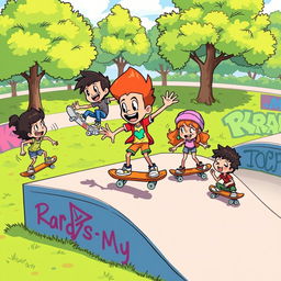 A vibrant and colorful cartoon skateboard scene depicting a group of energetic cartoon characters performing tricks on skateboards