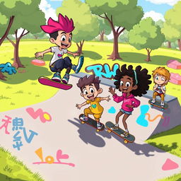A vibrant and colorful cartoon skateboard scene depicting a group of energetic cartoon characters performing tricks on skateboards