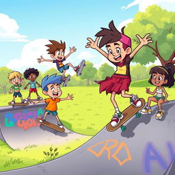 A vibrant and colorful cartoon skateboard scene depicting a group of energetic cartoon characters performing tricks on skateboards