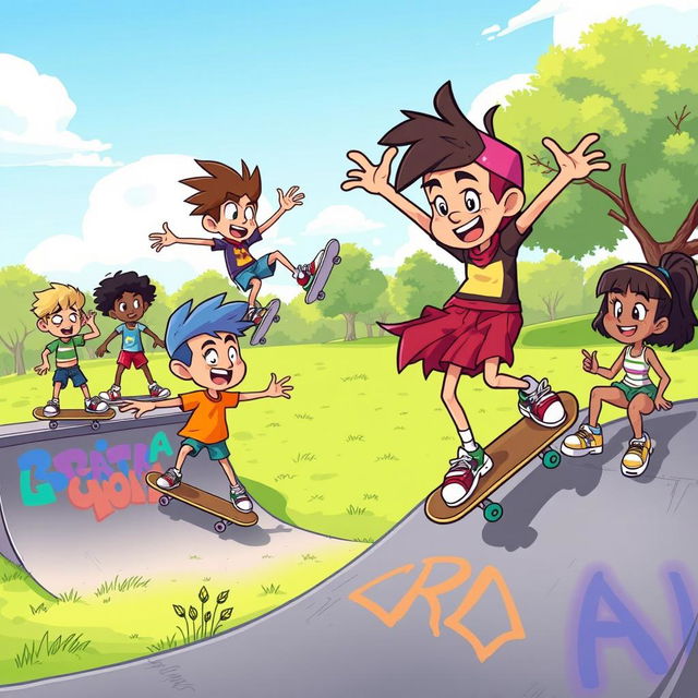 A vibrant and colorful cartoon skateboard scene depicting a group of energetic cartoon characters performing tricks on skateboards