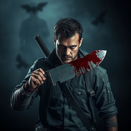 A dramatic scene featuring a man dressed in rugged clothing, carrying a machete with blood splattered on the blade