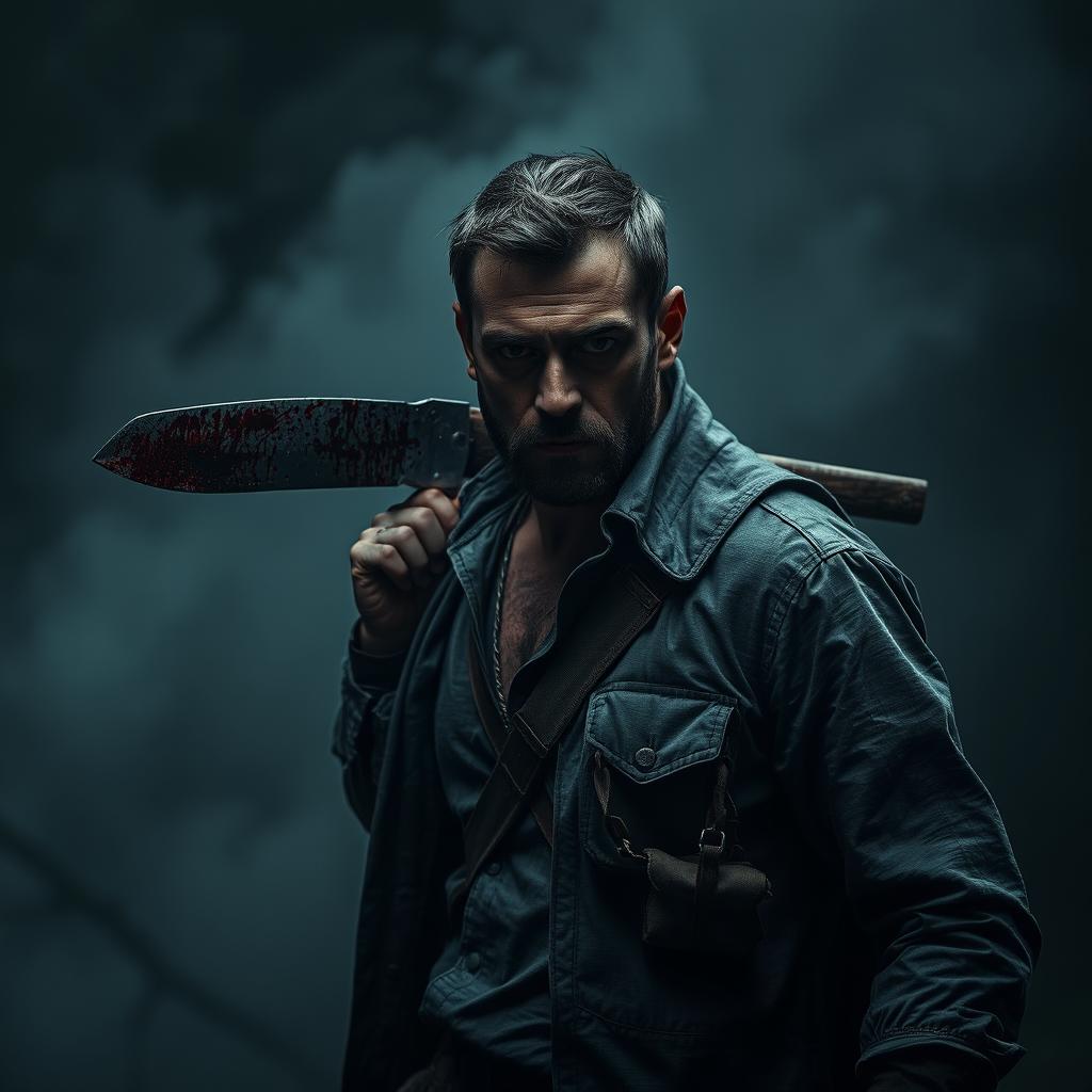 A dramatic scene featuring a man dressed in rugged clothing, carrying a machete with blood splattered on the blade