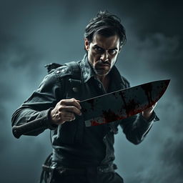 A dramatic scene featuring a man dressed in rugged clothing, carrying a machete with blood splattered on the blade